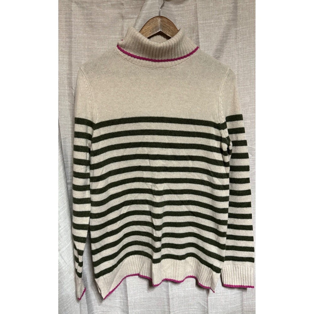 NWOT Tabitha Webb Womens L Beige Striped Turtleneck Sweater Wool Blend Pink Trim
